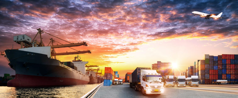 Container truck in ship port for business Logistics